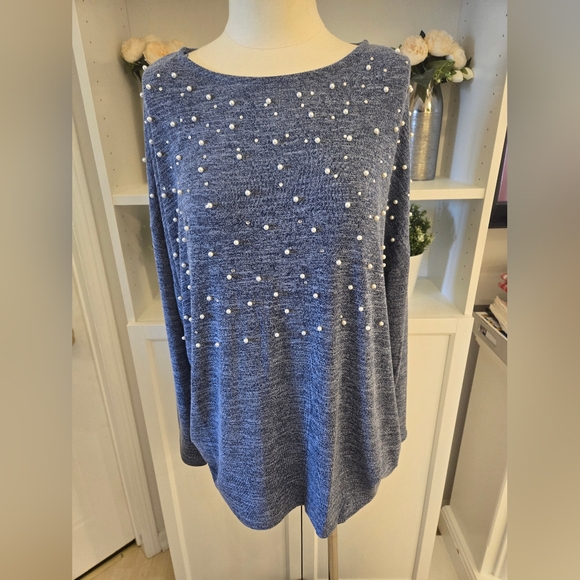NWT 2X Laura long sleeve lightweight scoop neck summer blue pearl beaded top - Picture 5 of 12